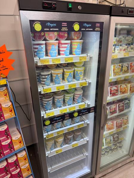 Rayon iPinguini complet à la Coopérative Agricole SOPAVAR : crèmes glacées et sorbets plein fruit en pot 500 ml, fabriqués en Provence
