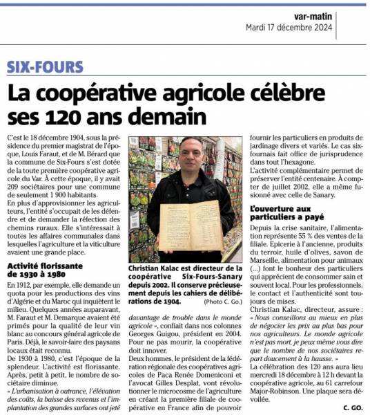 Article de Var matin annonçant la célébration des 120 ans de la coopérative agricole de Six Fours, plus ancienne coopérative du Var